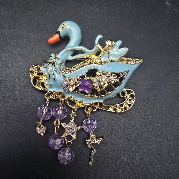 Powder Blue Enamel Swan Brooch Purple Gold Tone Charms Whimsical - Picture 4 of 7